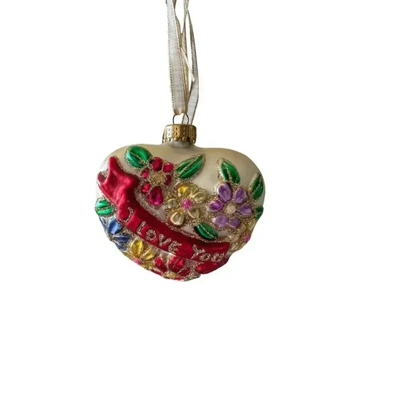 Very Rare Classic Elegance Multicolor Floral Embroidered I Love You Ornaments - Picture 1 of 2
